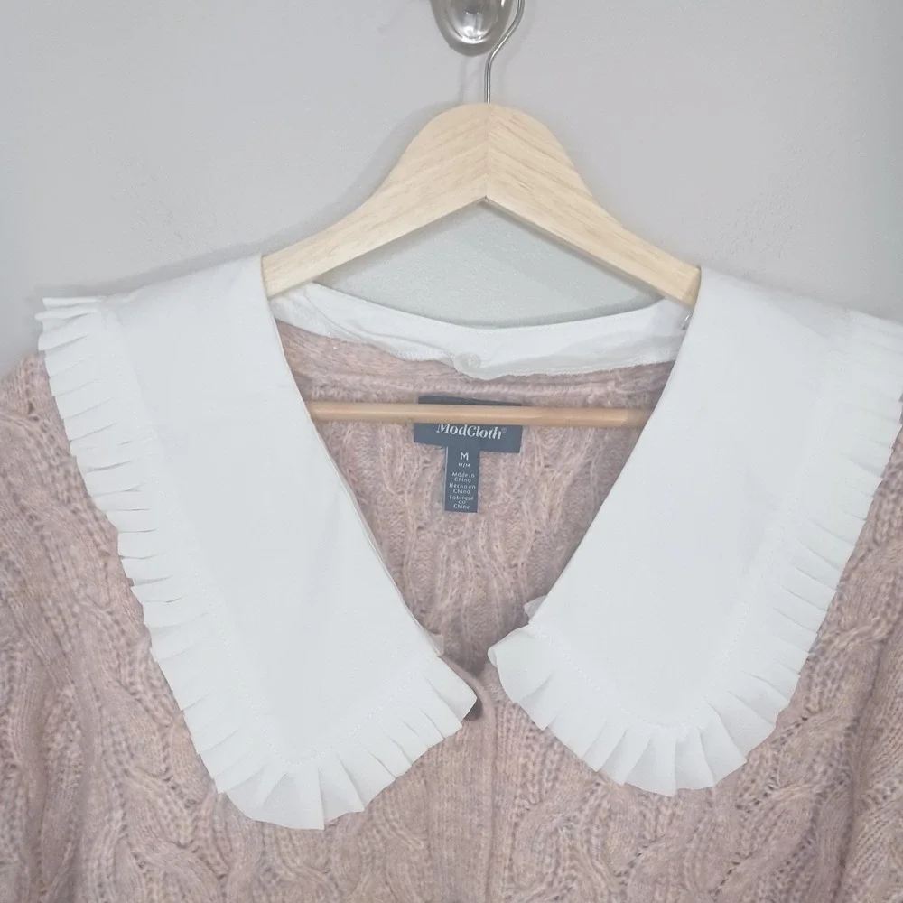 ModCloth Peter Pan Collar Cardigan M Pink Cable Knit Detachable Collar Coquette